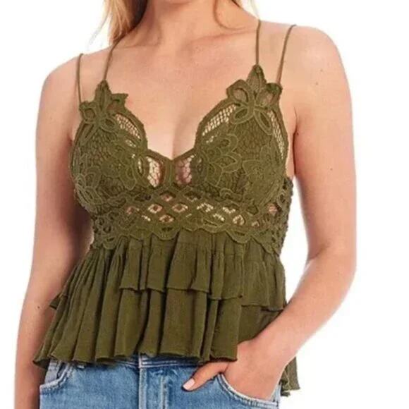 Free People Adella Cami Crochet‎ Lace Tiered Top Olive Sparrow Boho Western XS - Picture 1 of 5